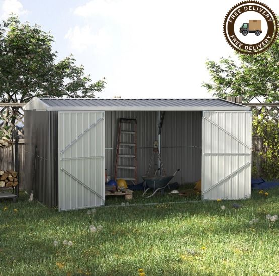 Metal Garden Shed On Lawn With Doors Open. Grey.