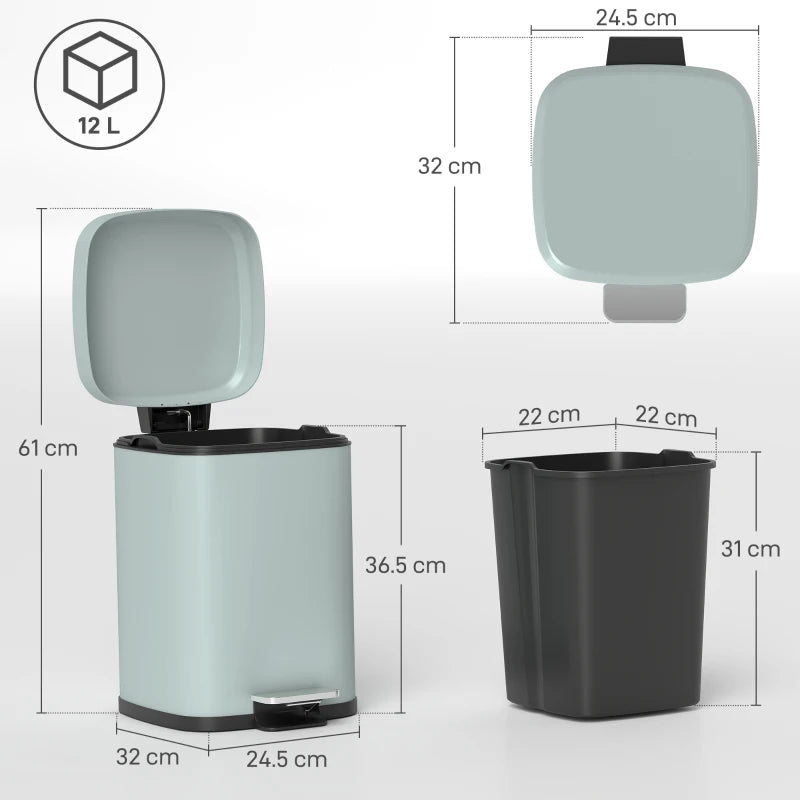 12L Modern Boxy Metal Kitchen Bin - Stylish Light Green Trash Can for Home Organization & Waste Management