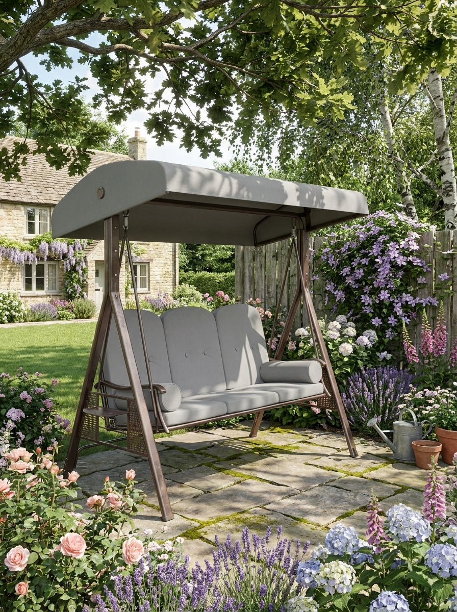 3 Seater Garden Swing Chair with Adjustable Canopy, Cushioned Outdoor Patio Swing Seat, Heavy-Duty Steel Frame, Cup Holder Trays, Weather-Resistant Light Grey Canopy Swing Bench for Garden