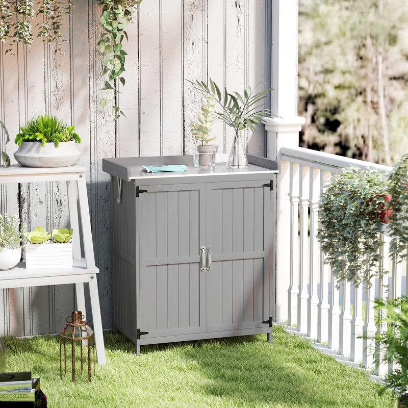 Wooden Garden Shed - Grey Outdoor Storage Cabinet with Hinged Roof, Shelf & Double Doors - 4x6 ft
