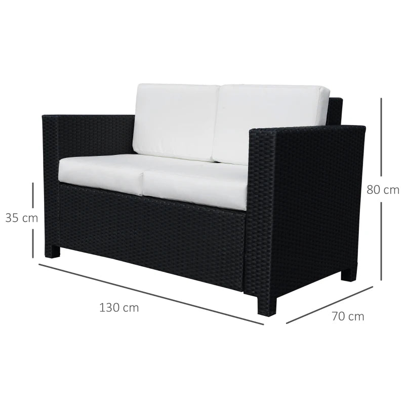 Black Rattan 2 Seater Garden Sofa with Soft Padded Cushions and Armrests - Wicker Loveseat for Patio