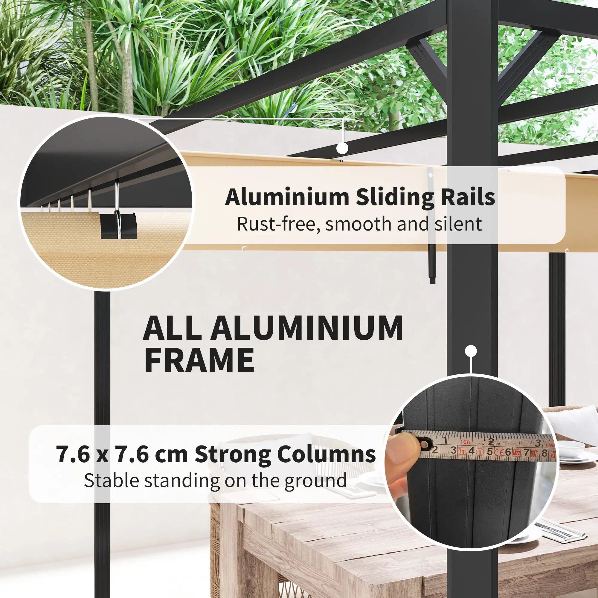 3m x 3m Aluminium Pergola With Retractable Roof and Wall - Khaki