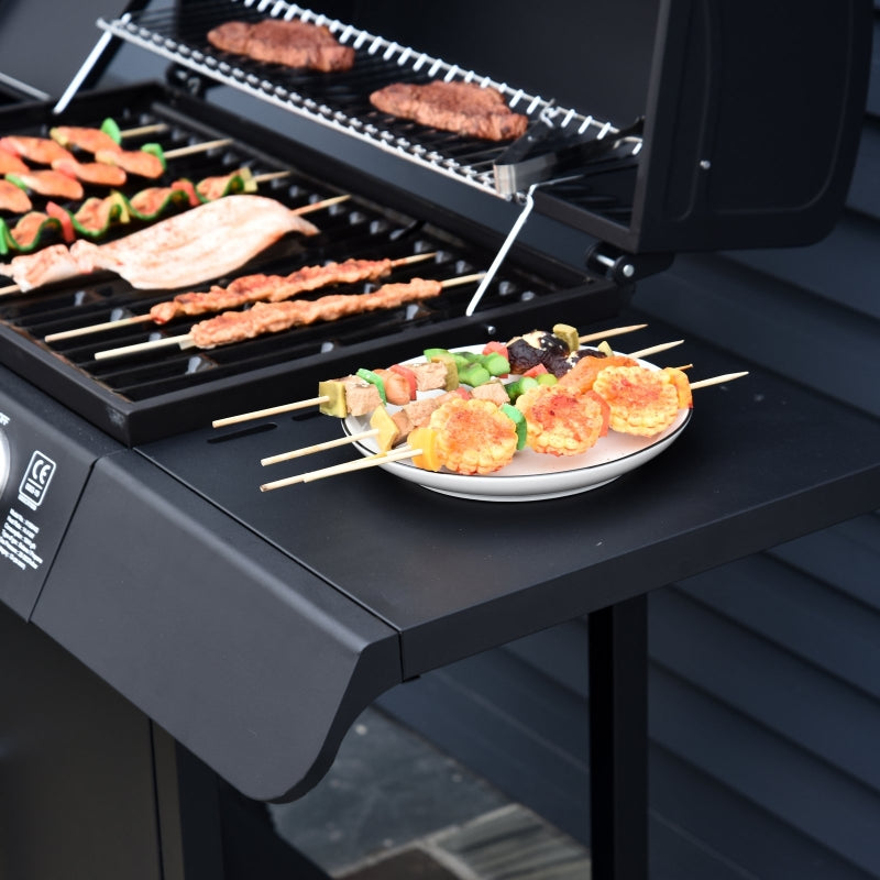 5-Burner 4+1 Black Gas BBQ Grill with Smoker and Side Table - Outdoor Barbecue Trolley with Wheels, Warming Rack, Side Shelves, Cabinet, Thermometer