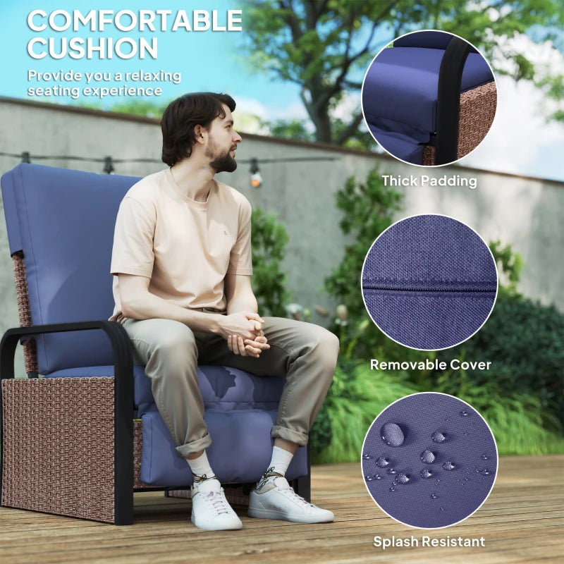 140° Reclining Rattan Armchair - Comfortable Brown and Blue Outdoor Lounge Chair