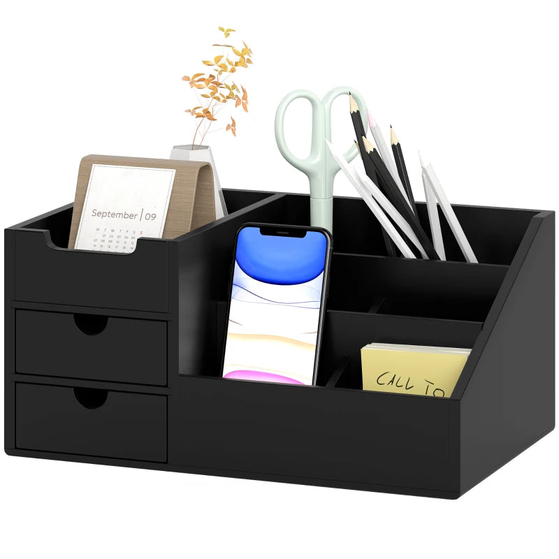 Bamboo Desk Organiser Holder - Multi-Function Storage Caddy with 7 Compartments & 2 Drawers for Home Office Supplies - Black