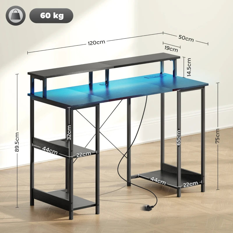 Modern LED Computer Desk with Power Outlets & Shelves - Stylish Black Home Office Furniture
