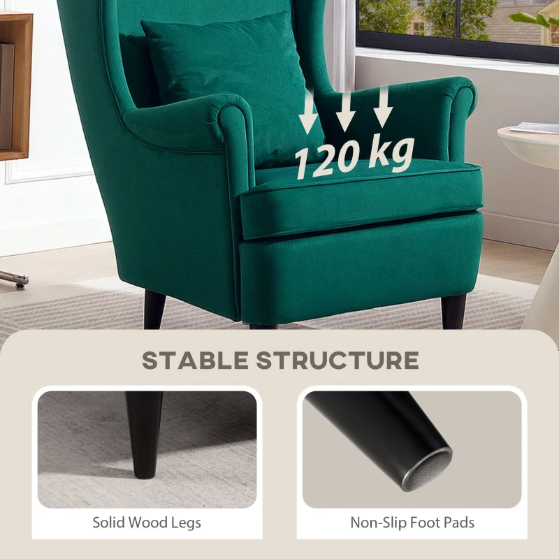 Stylish Upholstered Wingback Armchair with High Backrest and Pillow for Living Room or Bedroom, Dark Green Velvet