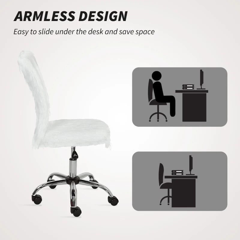 Modern White Plush Office Desk Chair - Armless Swivel Vanity Chair with Adjustable Height for Home, Bedroom & Living Room