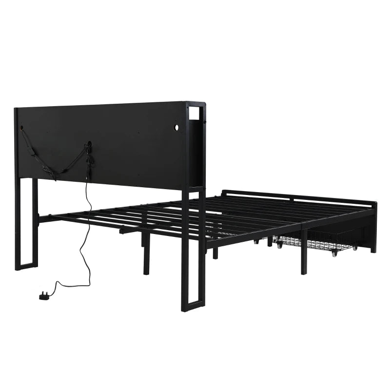 Modern Metal Bed Frame with LED Lights & Charging Ports, Storage Drawers, Padded Headboard, 209x137.5x100 cm, Black