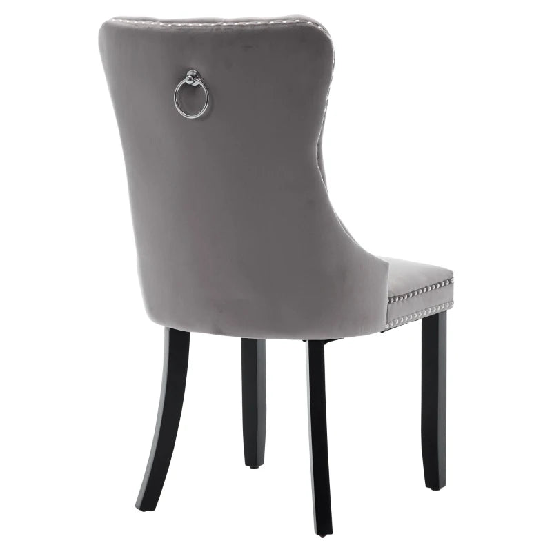 Set of 2 Grey Velvet Dining Chairs with Knocker Ring, Button Tufted Backrest & Rubber Wood Legs - Stylish & Comfortable
