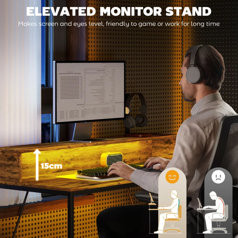 120cm Rustic Brown Computer Desk with LED Lights & Power Outlets, Gaming Table with Monitor Stand & Remote for Home Office