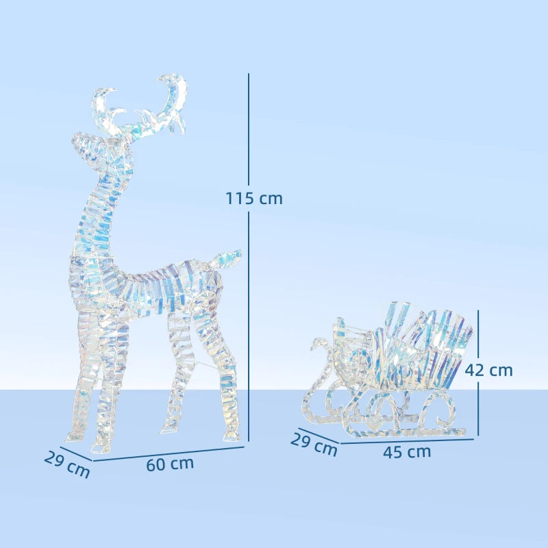 Lighted Christmas Reindeer Sleigh - 170 Warm White LED Outdoor Yard Decor, Waterproof Silver Holiday Decoration with Stakes