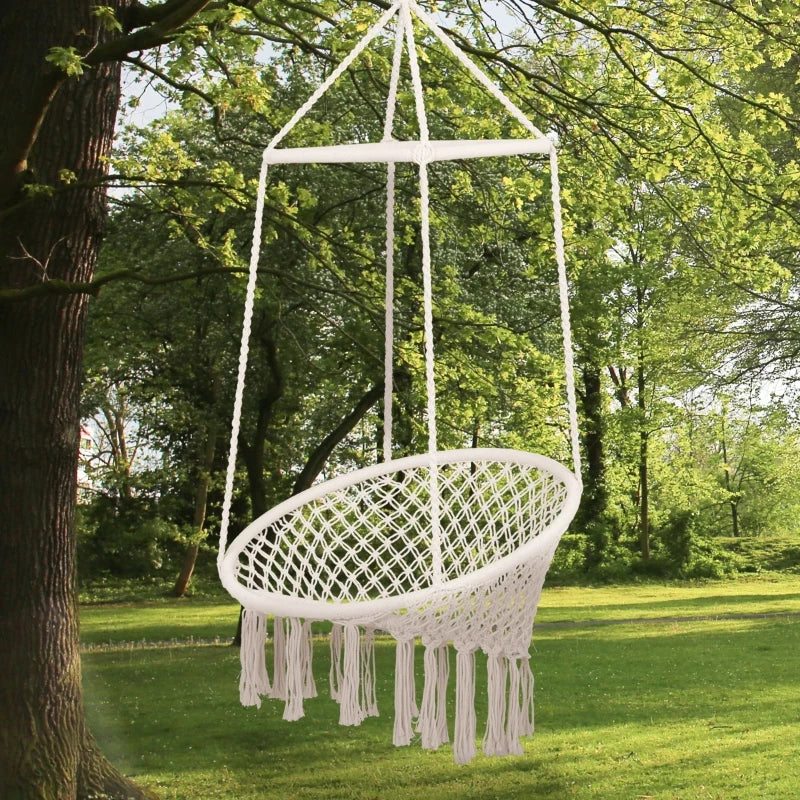 Beige Macrame Hanging Rope Chair with Tassels - Portable Garden Seat