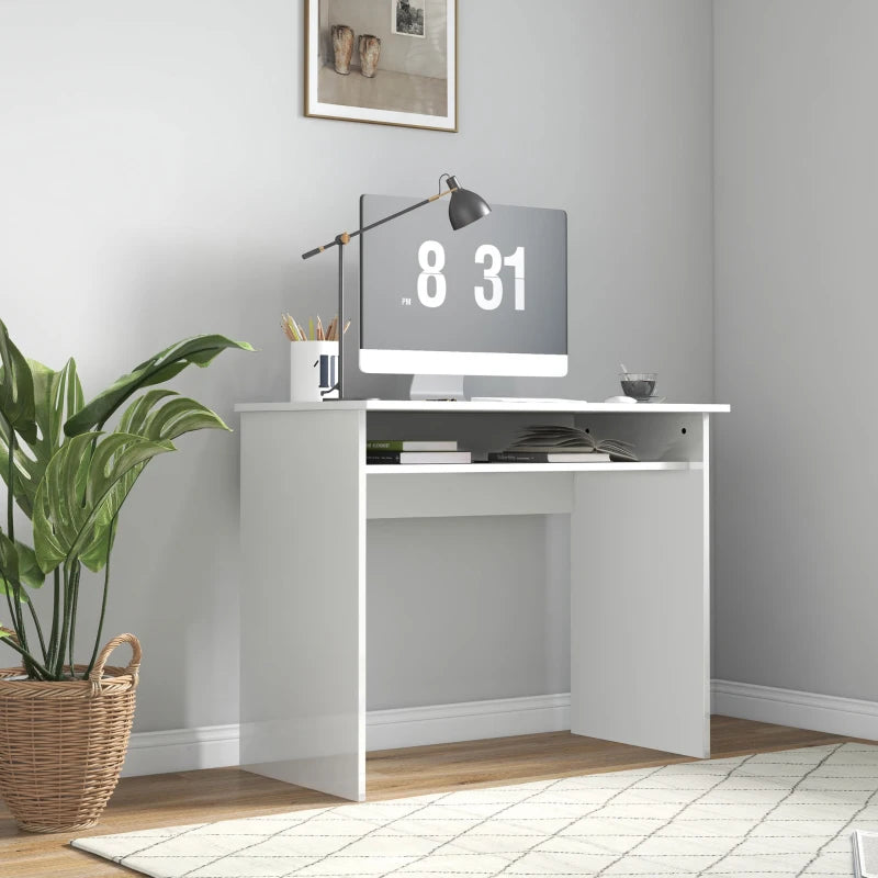 Modern 90x50cm High Gloss White Computer Table - Stylish Home Office Desk with Storage Shelf for Small Spaces