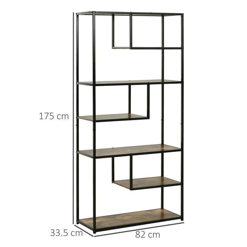 Industrial 6-Tier Bookcase - Tall Steel Frame Shelf Unit for Home Office, Living Room, Rustic Brown & Black, 82x33.5x175 cm