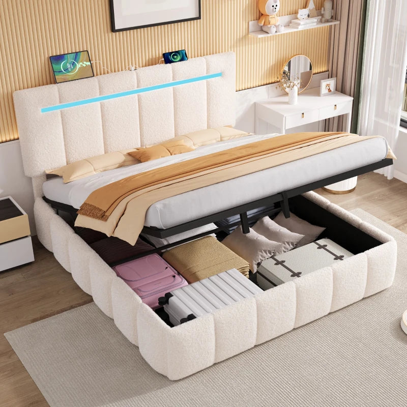 Double Upholstered Bed Frame with Hydraulic Storage and LED Headboard for Modern Bedrooms