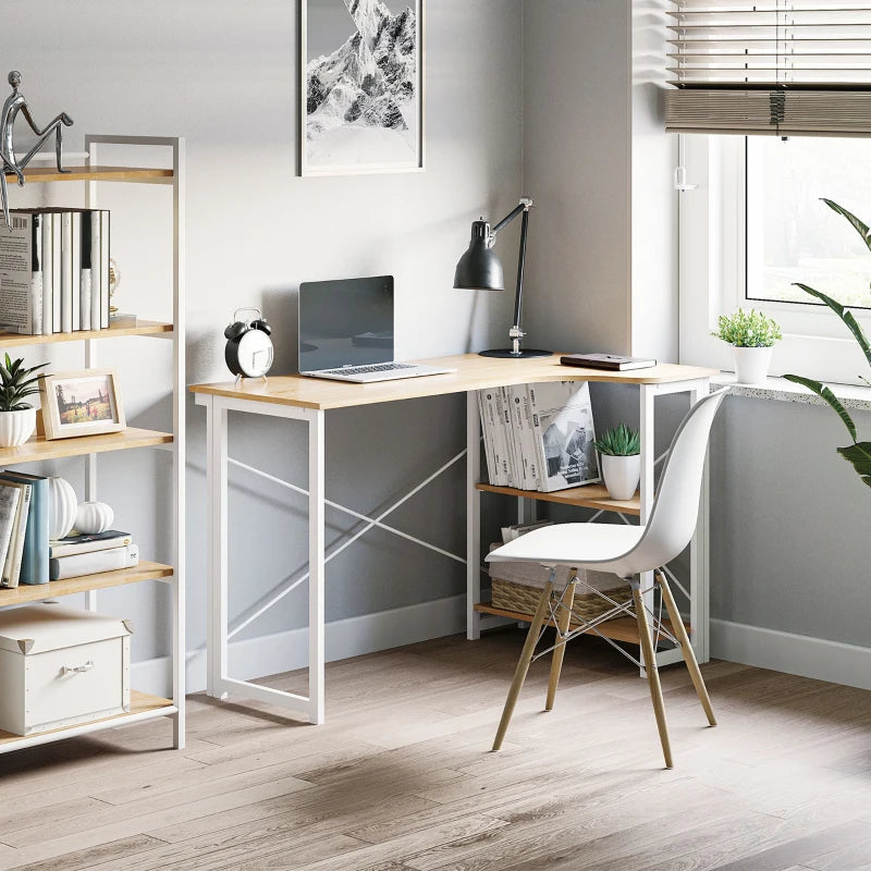 L Shaped Folding Desk with 2-Tier Storage Shelf - Corner Computer Desk for Home Office, Easy Assembly, Oak Tone, 120x72.5cm