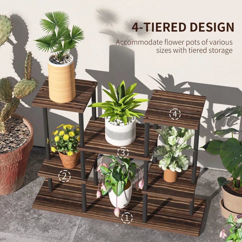 Four-Tier Wooden Plant Stand Shelf - Natural Wood Finish, 4-Tier, Indoor/Outdoor Use