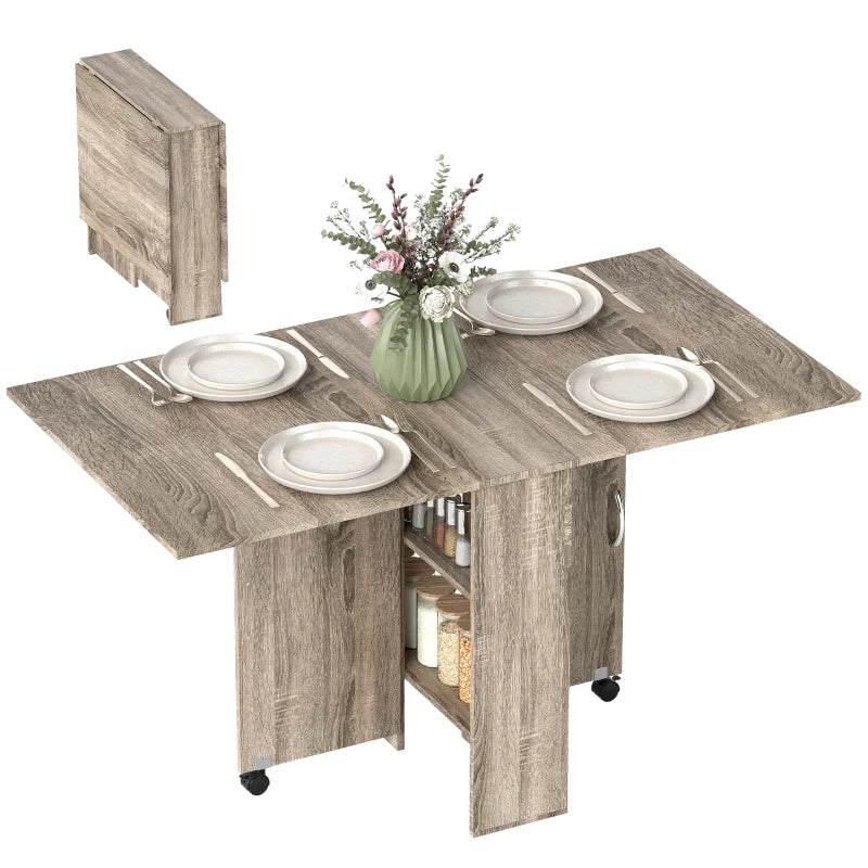 Folding Drop Leaf Dining Table with 2-Tier Shelves & Rolling Casters - Space-Saving Grey Table for Kitchen & Small Spaces