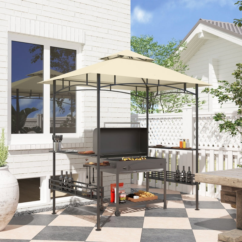 8' x 5' Beige Double Tiered Grill Gazebo Canopy with Side Shelves and Storage Baskets for Outdoor BBQ, Patio, and Picnic
