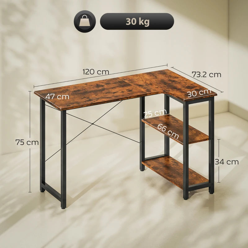 Rustic Brown L Shaped Desk with Bookshelf - Corner Computer Desk for Home Office & Study Room, 120x73.2x75cm