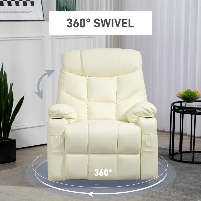 Manual Reclining Armchair with Swivel, Faux Leather, Footrest and Cup Holders - Cream, 86x93x102cm