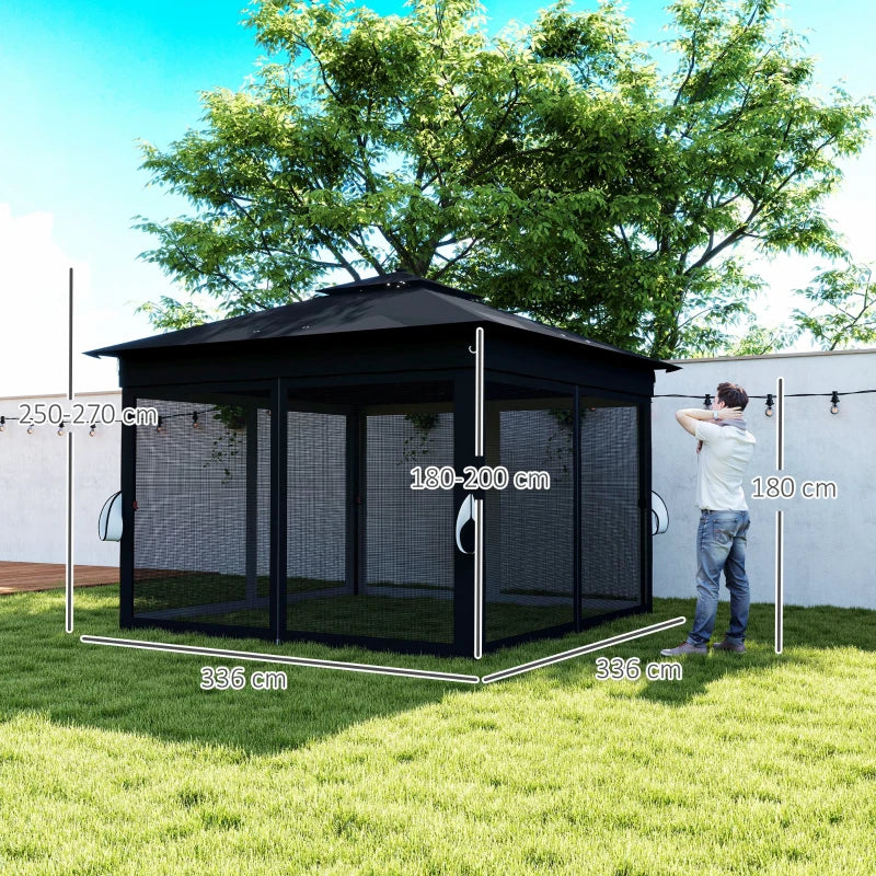 3m x 3m Black Pop Up Gazebo Party Tent with Solar-Powered LED Lights and Adjustable Netting