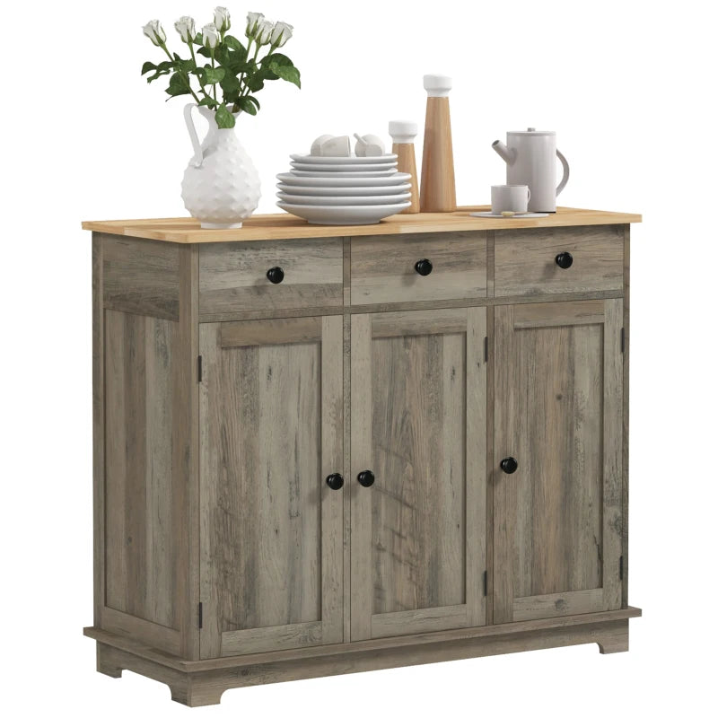 Modern Grey Wood-Effect Sideboard with Rubber Wood Top, 3 Doors, 3 Drawers & Adjustable Shelves - Stylish Storage Cabinet for Dining & Living Room