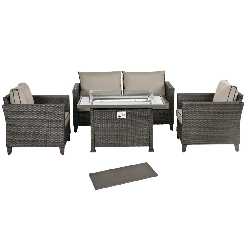 5-Piece Rattan Patio Furniture Set with Gas Fire Pit Table, Loveseat, Armchairs - Dark Brown