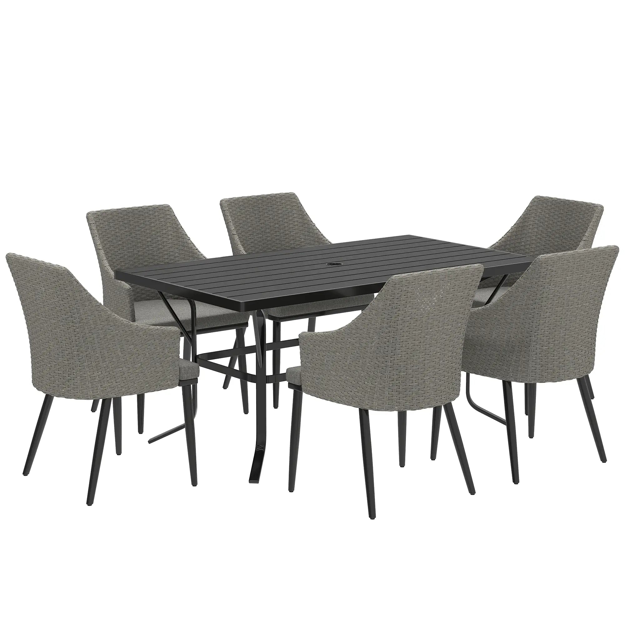 6 Seater Rattan Dining Set with Cushions, Armchairs, Rectangle Slatted Table Top, Steel Frame & Parasol Hole