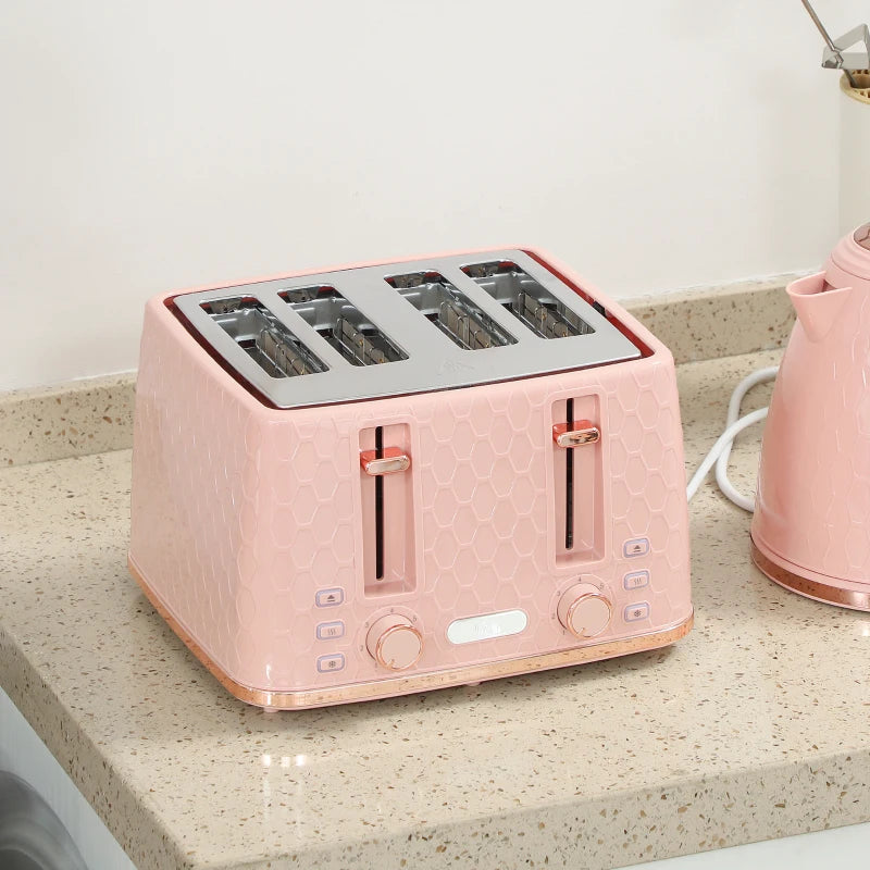 Light Pink Kettle and Toaster Set - 1.7L Fast Boil Jug Kettle & 4 Slice Toaster with 7 Browning Levels