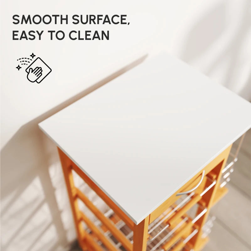 Rolling Kitchen Cart with 4 Basket Drawers & Side Racks - Utility Storage on Wheels for Dining Room, Brown Finish