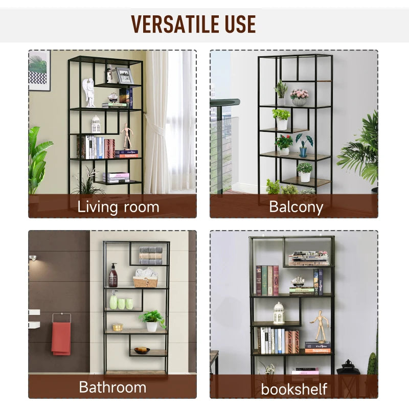 Industrial 6-Tier Bookcase - Tall Steel Frame Shelf Unit for Home Office, Living Room, Rustic Brown & Black, 82x33.5x175 cm