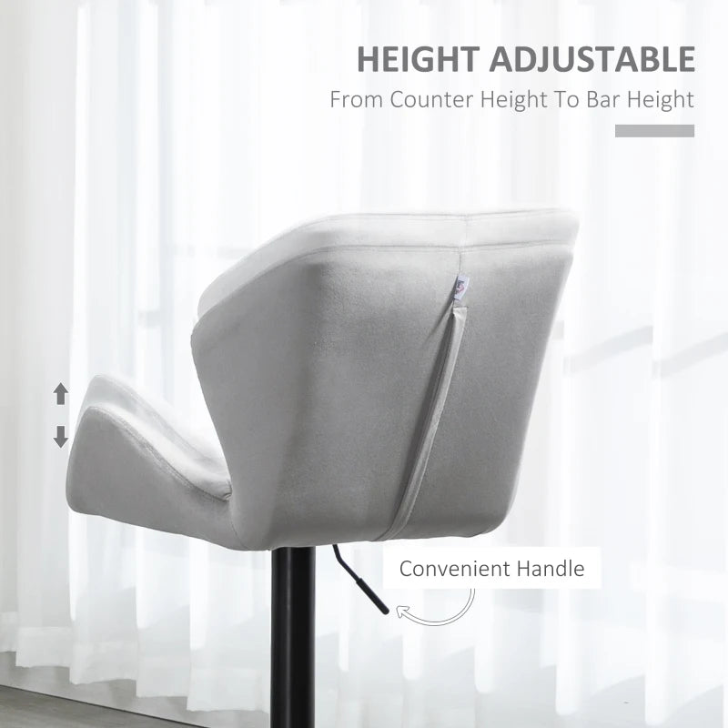 Luxurious Velvet Bar Stools Set of 2 - Adjustable Height Swivel with Metal Frame, Round Base, Grey