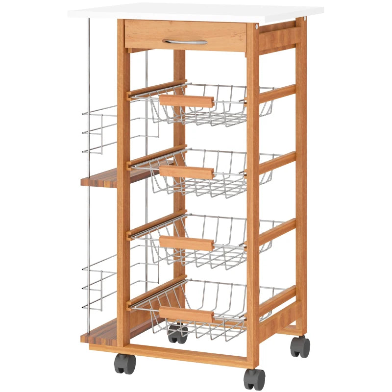 Rolling Kitchen Cart with 4 Basket Drawers & Side Racks - Utility Storage on Wheels for Dining Room, Brown Finish