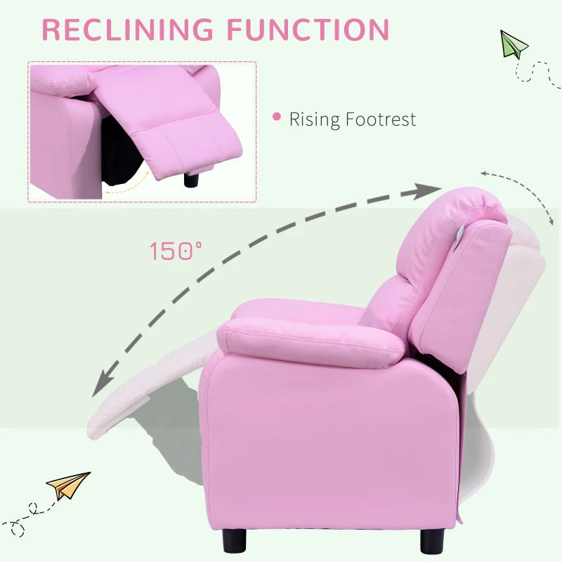 Kids Pink Sofa Armchair Recliner - PU Leather Toddler Lounger with Storage for Games & Playtime