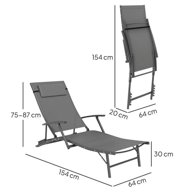 Set of 2 Grey Folding Sun Loungers - Adjustable 4 Position Outdoor Chaise Lounge Chairs with Armrests and Pillows - Steel Frame Sunbed Recliners for Garden, Patio, Beach and Poolside