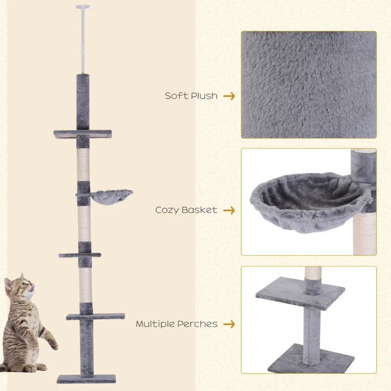 Adjustable 5-Tier Cat Tree 230-260cm - Floor to Ceiling Cat Tower with Scratching Post, Hammock & Perches for Indoor Kittens - Grey