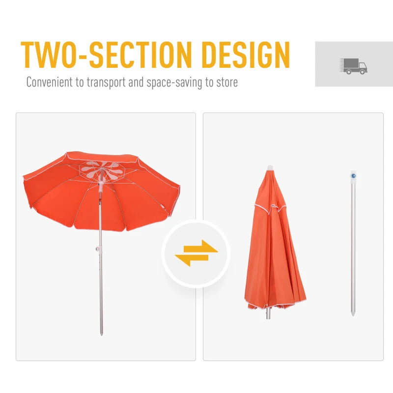 Orange Beach Umbrella with Tilt and Adjustable Height, Portable Sunshade Shelter