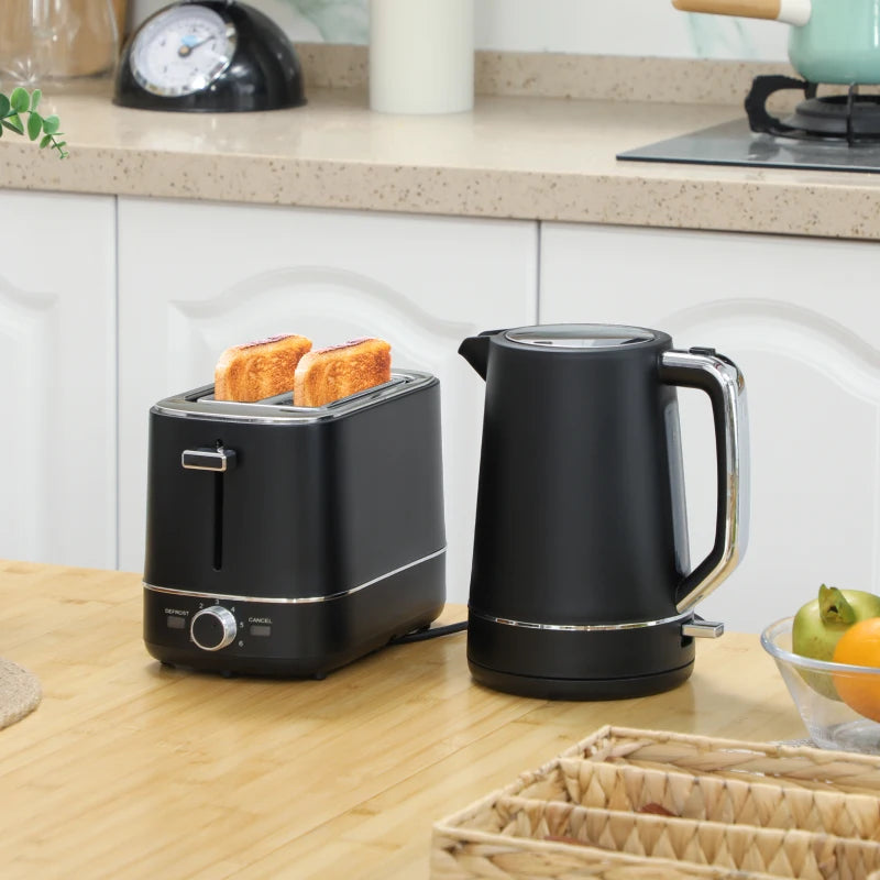 Premium Black Kettle and Toaster Set - 1.7L Fast Boil 3000W Kettle & 2 Slice Toaster with 6 Browning Levels