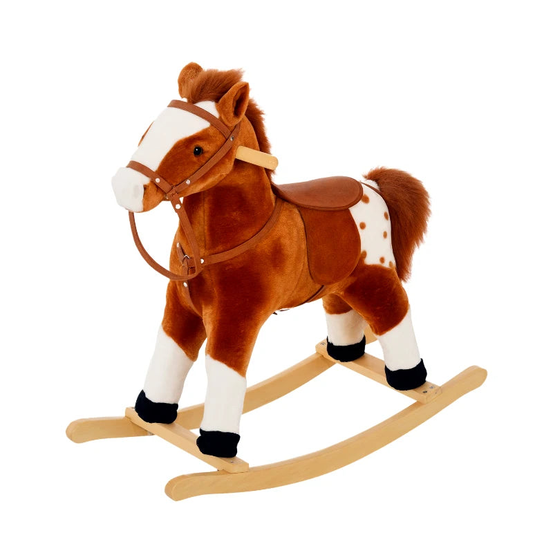 Plush Baby Rocking Horse Ride-On Toy with Sound Handle Grip for Kids Ages 3-6 - Brown Soft Animal