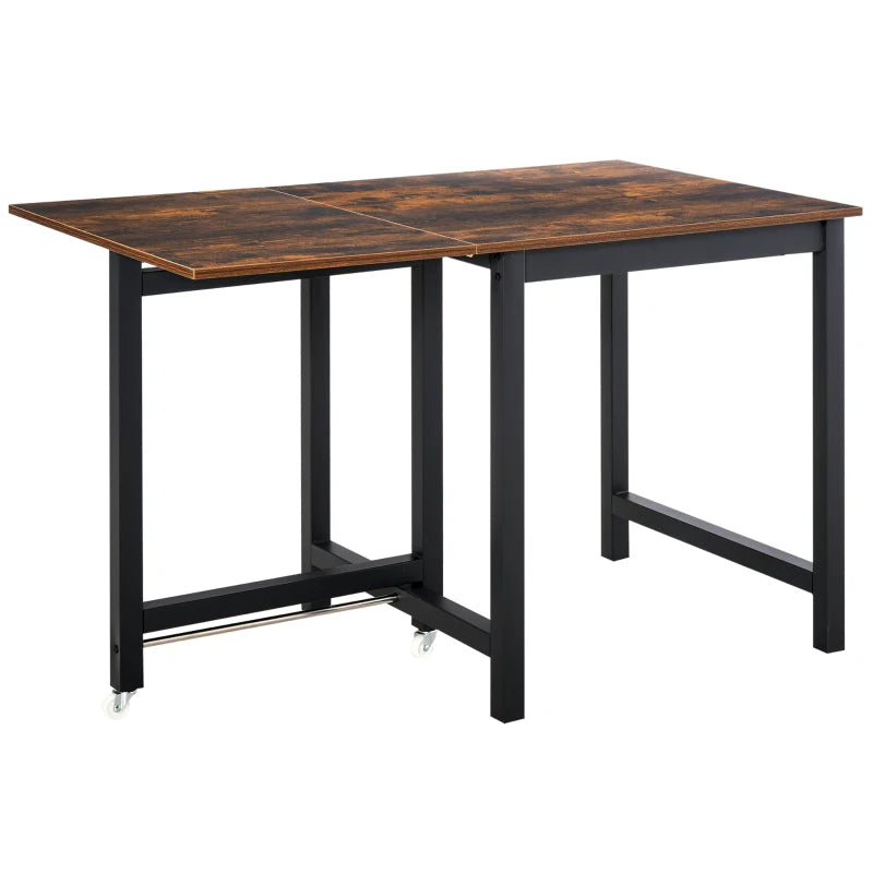 Industrial Folding Dining Table with Wheels - Rustic Brown Drop Leaf Table for Kitchen & Dining Room, Space Saving Design