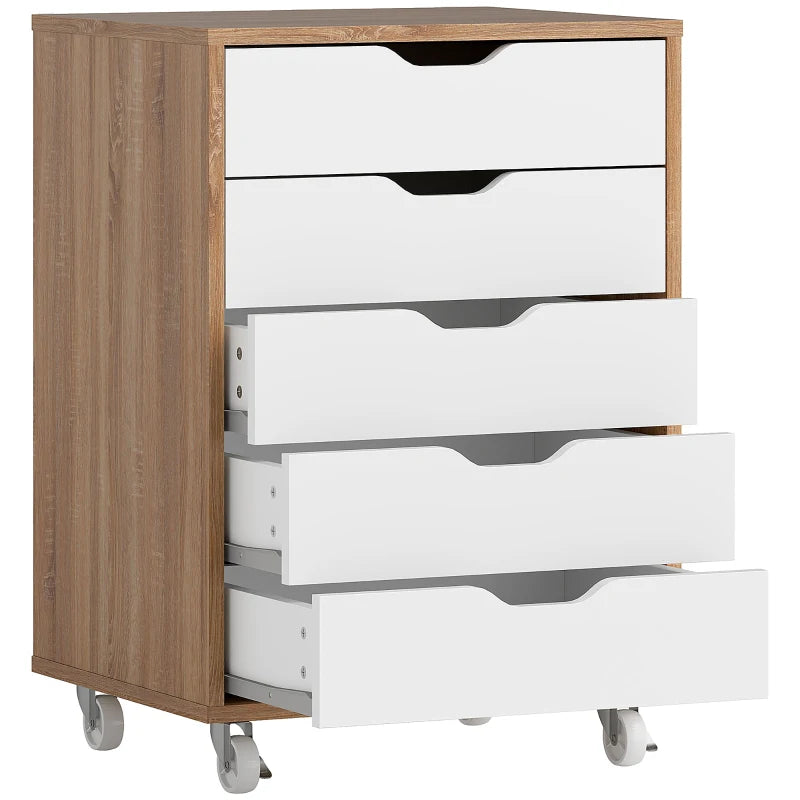 Vinsetto Oak Brown Five-Drawer Filing Cabinet on Wheels - Stylish Storage Solution for Home Office & Workspace