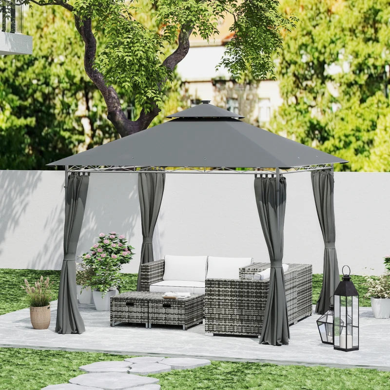 3 x 3 m Dark Grey Garden Gazebo with Double Roof, Curtains & Solar-Powered LED Lights - Outdoor Canopy Shelter for Patio & Deck