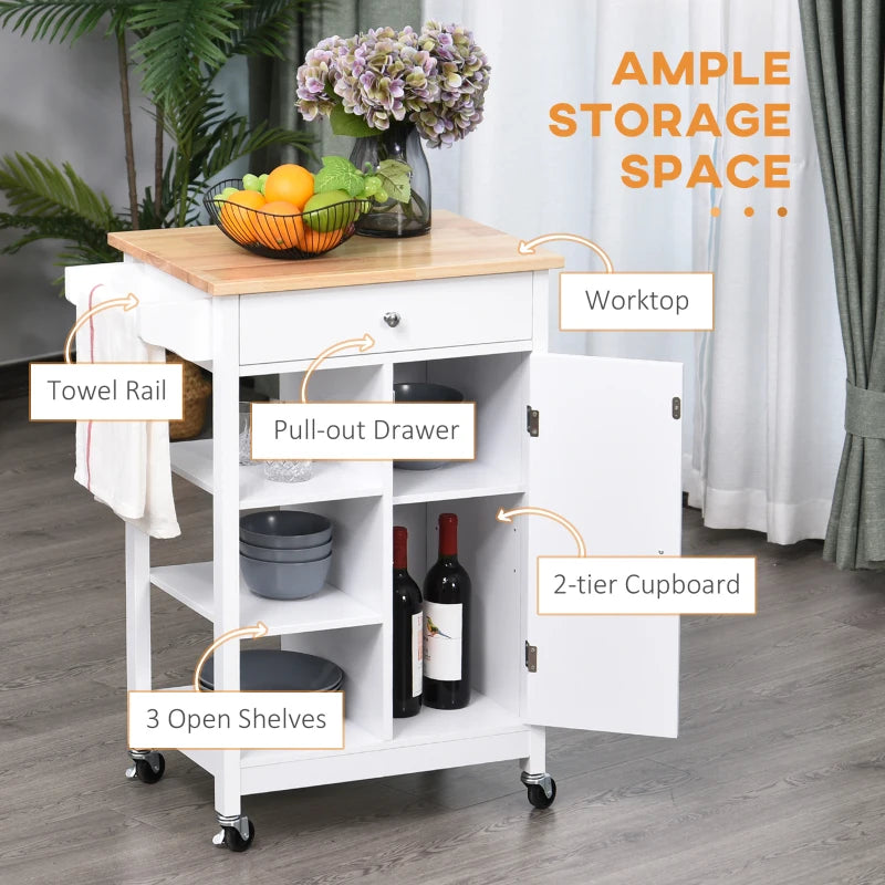 Versatile Kitchen Trolley on Wheels - White Kitchen Island with Wood Top, 3 Shelves & Storage Cupboard