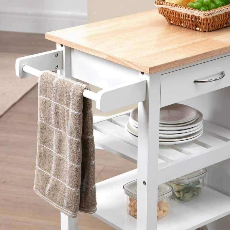 White Kitchen Trolley on Wheels - Utility Kitchen Island Cart with 3 Storage Shelves & Embossed Door Panel