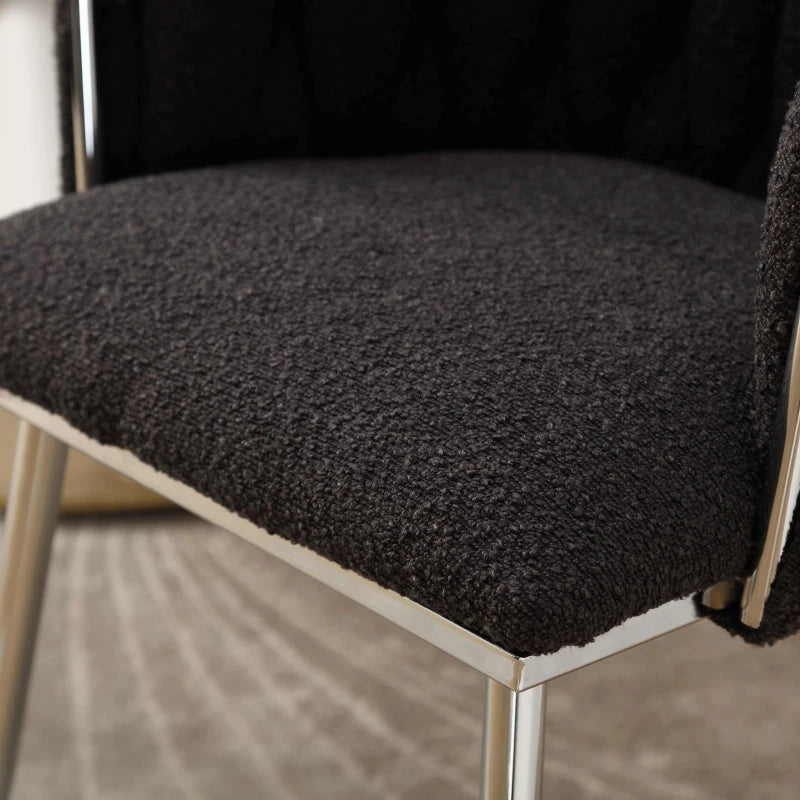 Set of 2 Modern Boucle Upholstered Dining Chairs with Silver Legs & Armrests - Stylish Living Room Seating, Black, 54x52x73 cm