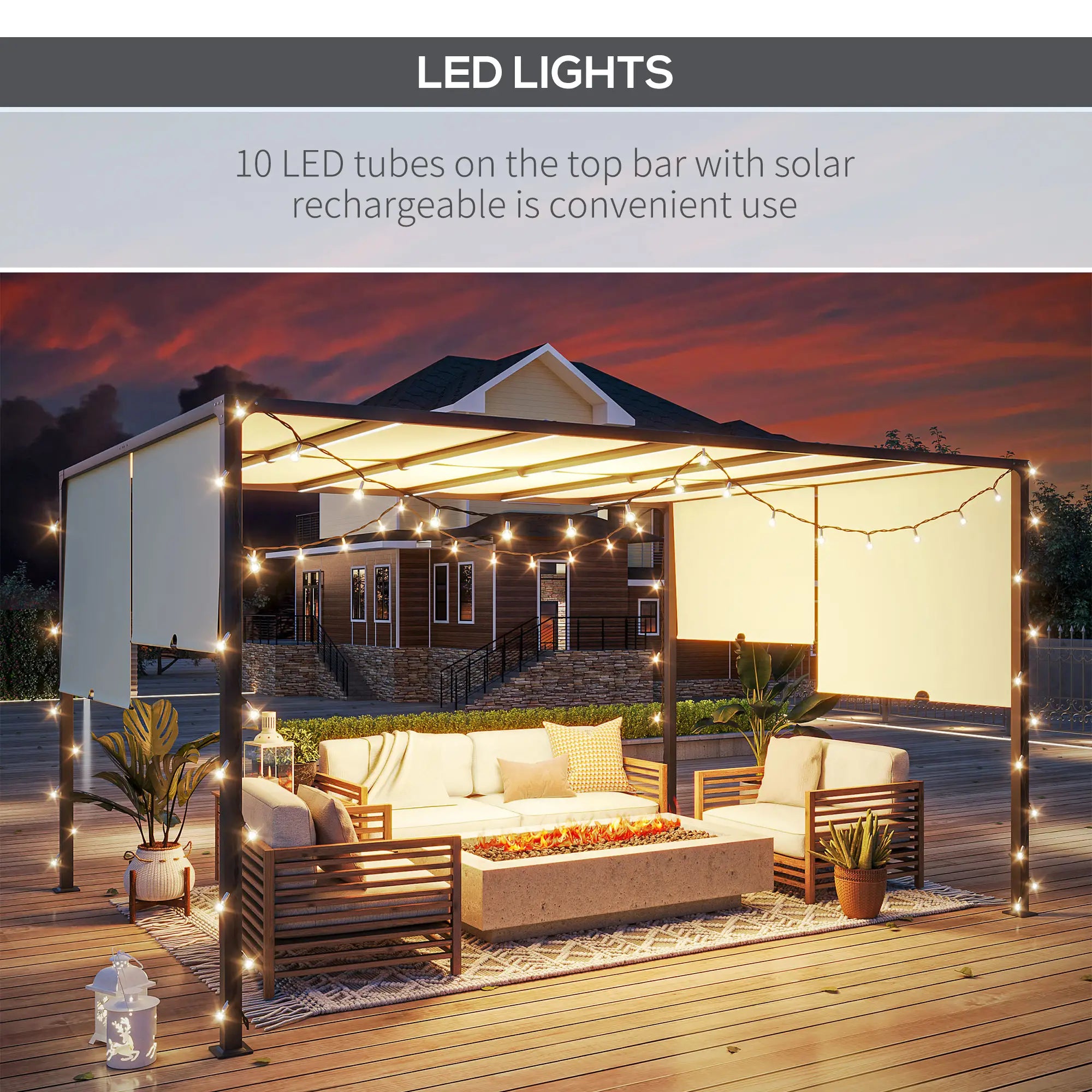 3m x 4m Fully Retractable Metal Garden Pergola - Cream White - Built-In LED Light Strip