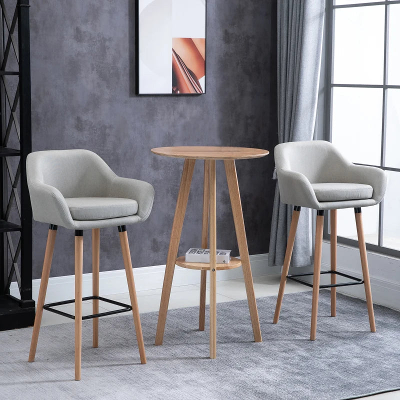 Set of 2 Modern Upholstered Bar Stools with Metal Frame & Solid Wood Legs - Beige Fabric Dining Chairs