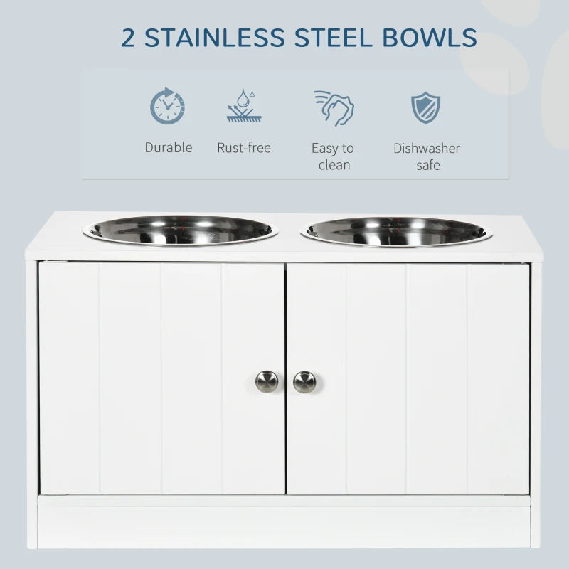 Elevate Your Pet's Dining: Stylish White Raised Feeder with Two Bowls & Convenient Storage